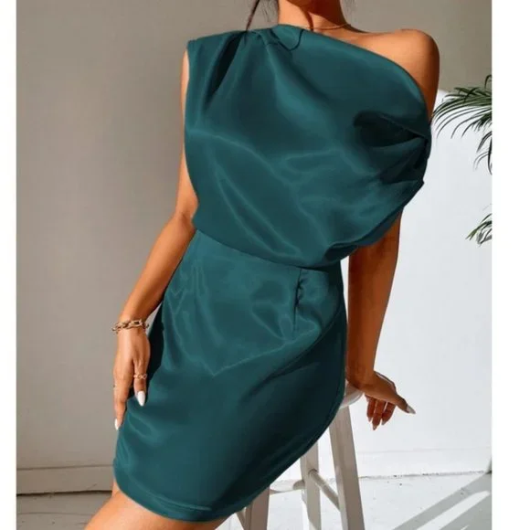 Satin Asymmetrical NeckLine Mini Dress- teal